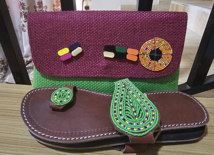 Green and burgundy artisan bag and sandal